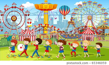 Themepark scene with many rides with children in 65346059