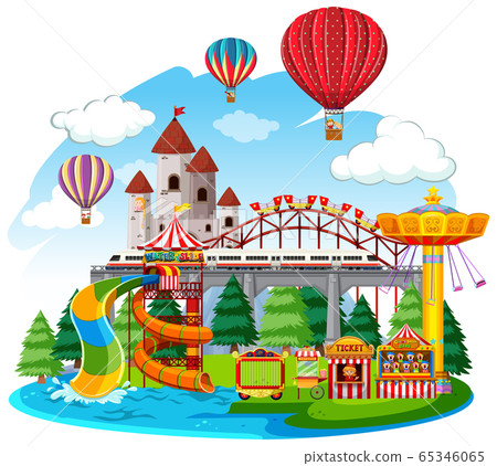 Themepark scene with many rides at day time 65346065