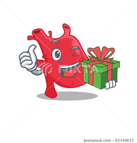 Smiling heart cartoon character having a green gift box 65349615