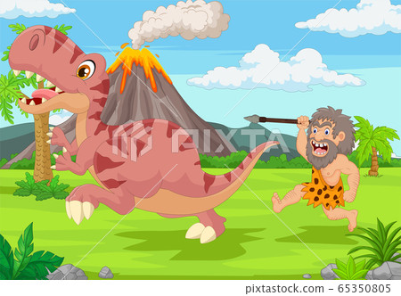 Cartoon caveman chasing a dinosaur 65350805
