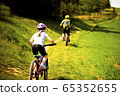 9 years girl going in bicycle across the fields in the sunny day 65352655