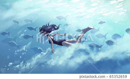 diving with a shool of fish diving with a shool of fish 65352659