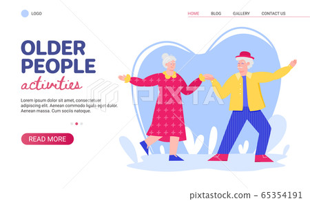 Older people activities website with senior dancing, cartoon vector illustration. 65354191