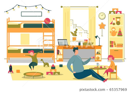 Happy Father Playing with Cheerful Kid in Bedroom 65357969