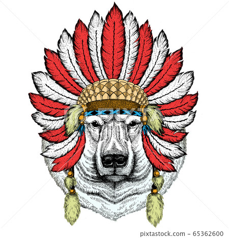 Polar bear portrait. Head of wild animal. Indian headdress with feathers. Boho style. Polar bear portrait. Head of wild animal. Indian headdress with feathers. Boho style. 65362600