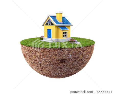 Floating land with small house and lawn isolated on white background, 3d rendering 65364545