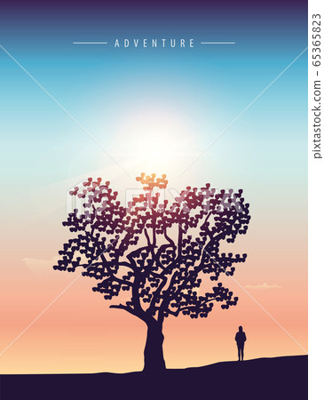 lonely girl stands under a big tree at sunset lonely girl stands under a big tree at sunset 65365823