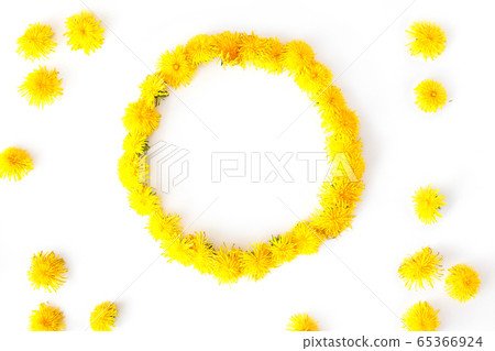 Round frame made of dandelions flowers. Summer concept, top view, flat lay Round frame made of dandelions flowers. Summer concept, top view, flat lay 65366924