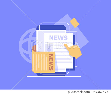 Reading news on smartphone. Online newspaper website opened in mobile browser on smart phone. News app, online media. Modern flat design Reading news on smartphone. Online newspaper website opened in mobile browser on smart phone. News app, online media. Modern flat design 65367573