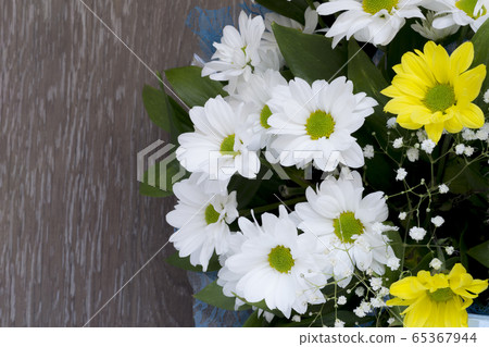 Bouquet of daisies close-up on a brown background. Flat lay banner. Top view 65367944