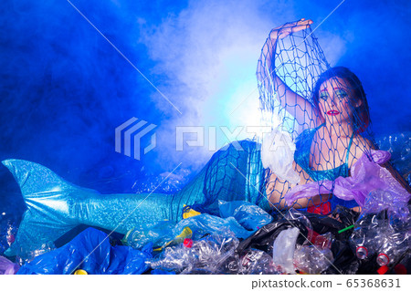 Ocean Plastic Pollution Concept Mermaid Lives Stock Photo