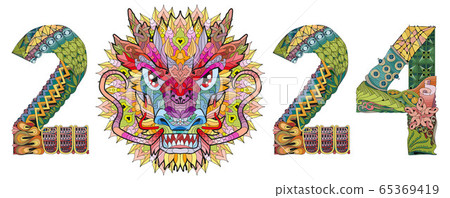 Zentangle stylized dragon number 2024. Hand Drawn 65369419