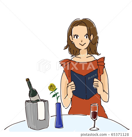 A fashionable woman sitting at a restaurant table on a white background and looking at a menu while drinking wine 65371128