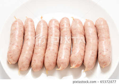 Wiener sausage. (White plate, white background) 65372877