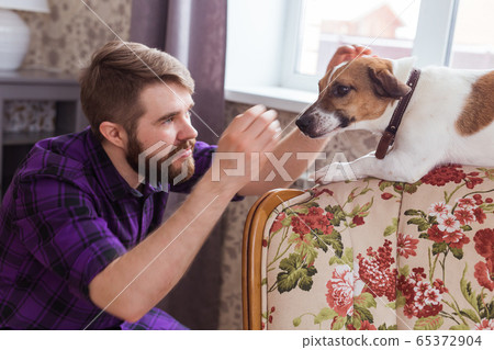 Close Up portrait handsome young hipster man plays and loves his good friend dog at home. Positive human emotions, facial expression, feelings. Close Up portrait handsome young hipster man plays and loves his good friend dog at home. Positive human emotions, facial expression, feelings. 65372904