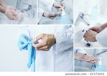 doctor washing hands and putting on surgical glove doctor washing hands and putting on surgical glove 65373042