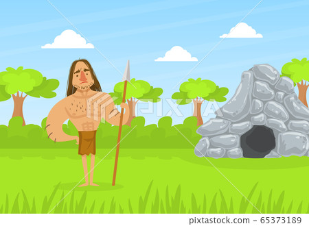 Prehistoric Caveman in Animal Skin Standing with Spear on Stone Age Natural Landscape Vector Illustration 65373189