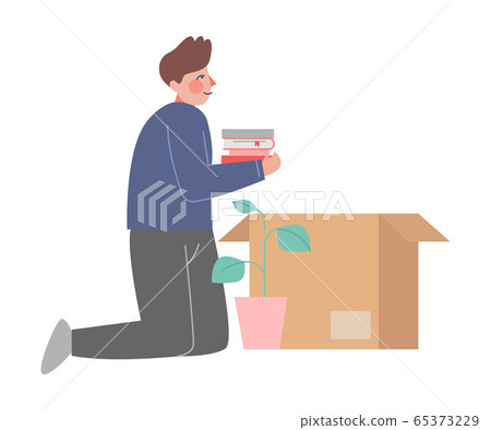 Young Man Sitting on Knees Packing his Stuff Preparing for Relocation, Guy Moving to New Home Vector Illustration 65373229