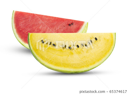 Slice of watermelon isolated on white background. Slice of watermelon isolated on white background. 65374617