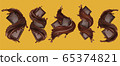 Chocolate bar with splashing and chocolate liquid. Pieces of chocolate, with drops. 3d illustration 65374821
