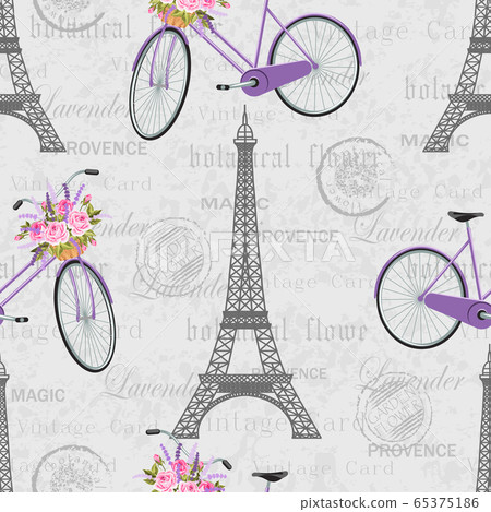 Seamless pattern with Eiffel Tower, bicycle, basket full of flowers 65375186