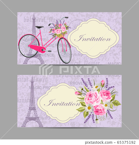 Set of horizontal banners. Pink bicycle with Eiffel tower with flowers. Vintage postcard background. 65375192