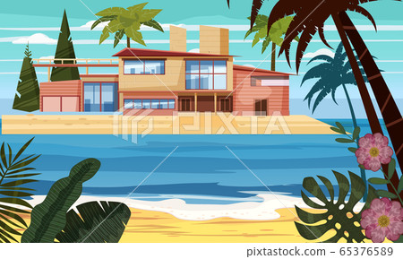 Sea shore beach luxury cottage villa house for rest with palms and plants, sea, ocean. Modern architecture. Sunny summer landscape day vacation seaside. Vector template banner isolated illustration Sea shore beach luxury cottage villa house for rest with palms and plants, sea, ocean. Modern architecture. Sunny summer landscape day vacation seaside. Vector template banner isolated illustration 65376589