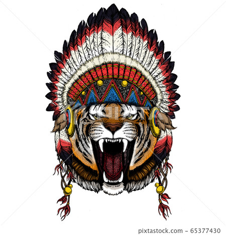 Tiger portrait. Wild cat head. Indian traditional headdress. 65377430