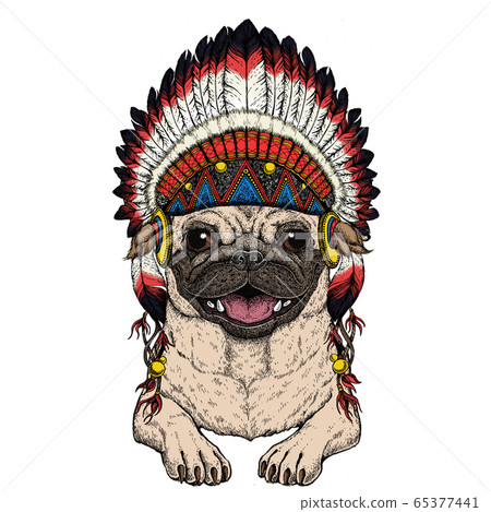 Pug. Cute animal portrait. Dog head. Indian traditional headdress. 65377441