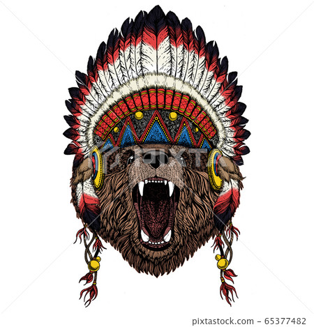 Wild bear. Portrait of animal for emblem, logo, tee shirt. Indian traditional headdress. 65377482