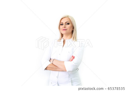 Doctor showing to the side. medical uniform. 65378535