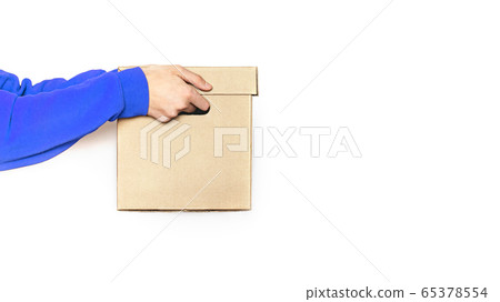 Food delivery. A man in holds a box. isolate copy 65378554