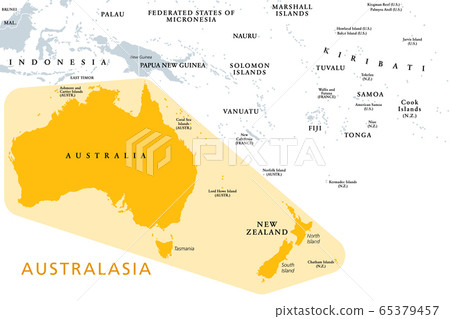 Australasia, Australia and New Zealand, a subregion of Oceania, political map. In UN geoscheme the continent Australia with New Zealand. A region in the Pacific Ocean. English. Illustration. Vector. 65379457