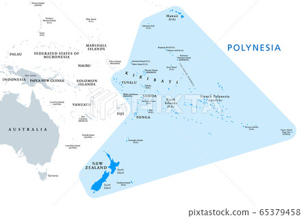 Polynesia, subregion of Oceania, political map.  A region, made up of more than 1000 islands scattered over the central and southern Pacific Ocean. English. Illustration on white background. Vector. 65379458