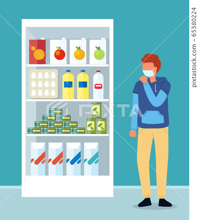 Young couhging man wearing face medical mask cough near shelves with food in supermarket Young couhging man wearing face medical mask cough near shelves with food in supermarket 65380224