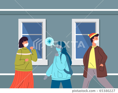 People don t keep a safe distance during virus pandemia in public place, infected with carrier 65380227