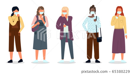 Horizontal vector illustration with multinational women wearing face medical masks, viral pandemia 65380229