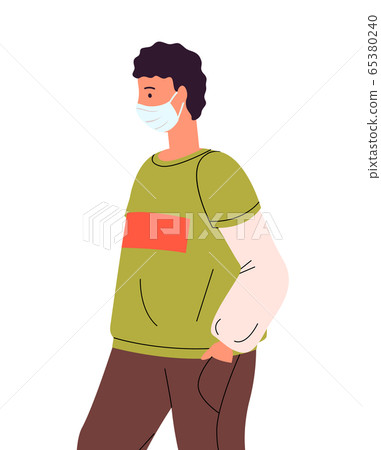 Vector flat portrait of young curly guy wearing face medical mask protect from virus, health concept 65380240