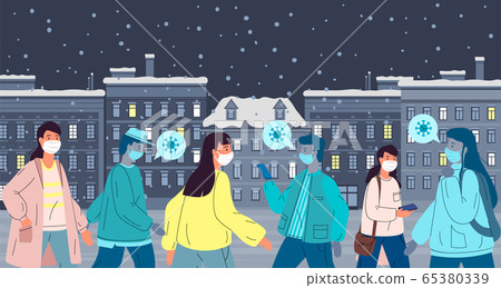 Infected virus people in mask spread bacterias in the crowd of people, break rules of self-isolation Infected virus people in mask spread bacterias in the crowd of people, break rules of self-isolation 65380339