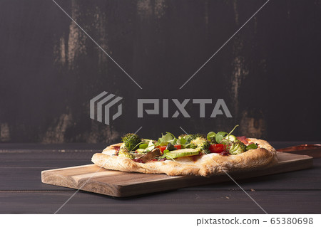 vegetarian pizza with vegetables on roman dough, 65380698