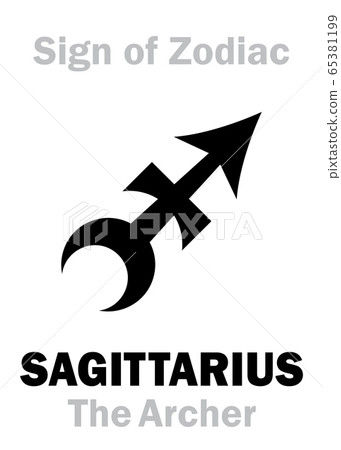 Astrology Alphabet: Sign of Zodiac SAGITTARIUS (The Archer). Astrological character, hieroglyphic sign (kabbalistic symbol on the dial of Czech Medieval "Astronomical tower clock" in Prague, 1410). 65381199