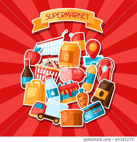 Supermarket background with food stickers. Supermarket background with food stickers. 65381275
