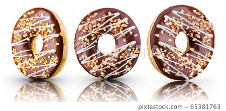 Set of glazed donuts with sprinkles on a white background Set of glazed donuts with sprinkles on a white background 65381763
