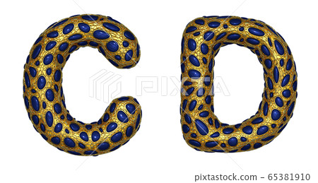 Letter set C, D made of realistic 3d render golden shining metallic. 65381910