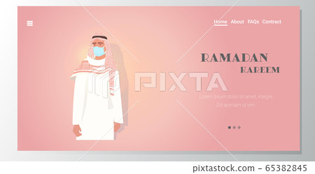 muslim man in hijab wearing medical mask to prevent covid-19 coronavirus pandemic quarantine 65382845