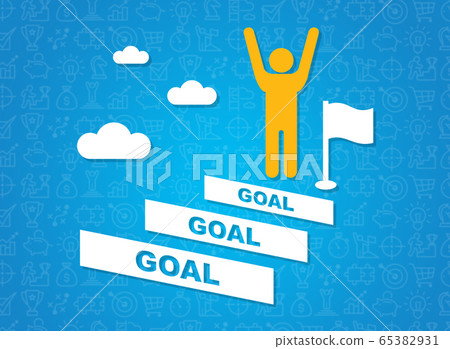 Achieving goals and following ambitions. Person on top of staircase, blue background. Creative illustration Achieving goals and following ambitions. Person on top of staircase, blue background. Creative illustration 65382931