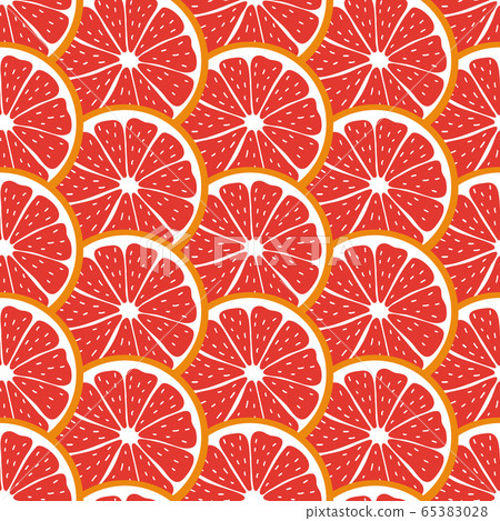 Seamless pattern with sliced pieces of grapefruit. Bright background citrus tropical fruits. Stock vector illustration. For modern designs of backgrounds, greeting cards, prints, packaging, textiles. Seamless pattern with sliced pieces of grapefruit. Bright background citrus tropical fruits. Stock vector illustration. For modern designs of backgrounds, greeting cards, prints, packaging, textiles. 65383028