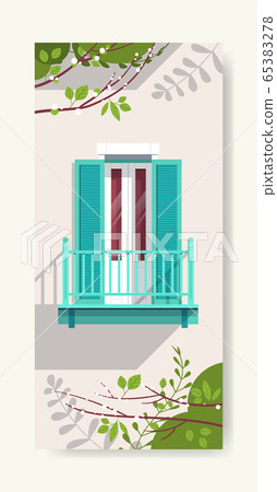 house window balcony with shutters vintage building facade with flowers and leaves spring poster 65383278