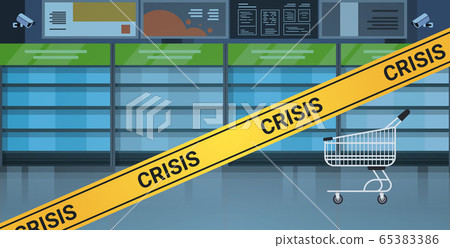 empty supermarket shelves with yellow crisis tape coronavirus pandemic quarantine covid-19 concept empty supermarket shelves with yellow crisis tape coronavirus pandemic quarantine covid-19 concept 65383386