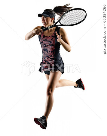 young tennis player asian woman isolated white brackground silhouette 65384266